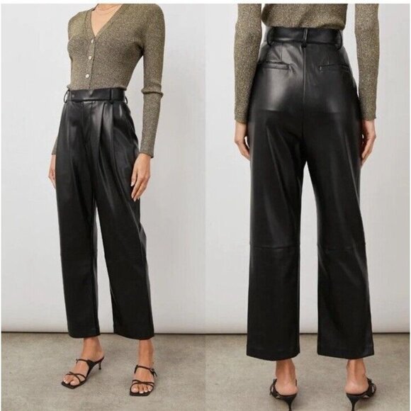 NWT Rails Jo Faux Vegan Leather High Waisted Ankle Crop Pleated Pants Black 6 - Picture 1 of 12